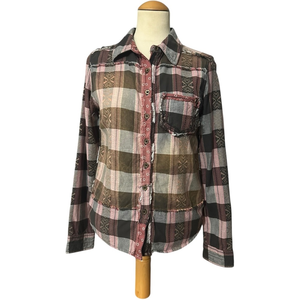 We the Free People Western Plaid Patchwork Button Up Shirt XS